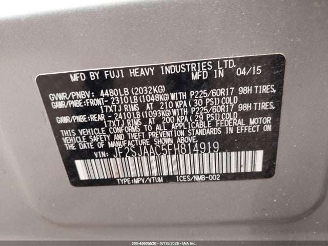 Aukcja sprzedaży 2015 Subaru Forester 2.5i, vin: JF2SJAAC5FH814919, numer aukcji: 45605530