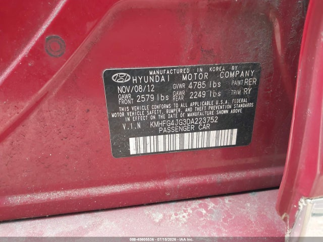 45605536 :رقم المزاد ، KMHFG4JG3DA223752 vin ، 2013 Hyundai Azera مزاد بيع