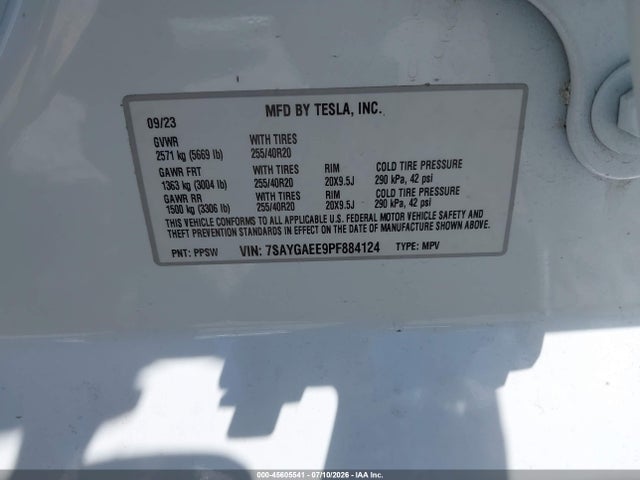 45605541 :رقم المزاد ، 7SAYGAEE9PF884124 vin ، 2023 Tesla Model Y Awd/long Range Dual Motor All-wheel Drive مزاد بيع