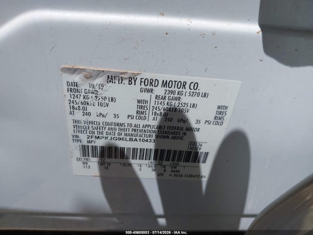 2020 Ford Edge Se მანქანა იყიდება აუქციონზე, vin: 2FMPK3G96LBA10433, აუქციონის ნომერი: 45605553