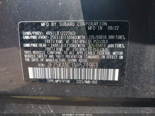 Продажа на аукционе авто 2022 Subaru Forester Limited, vin: JF2SKANC3NH521963, номер лота: 45605572