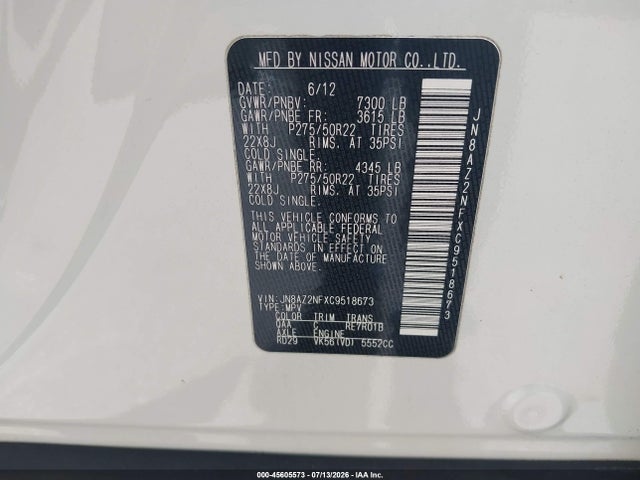 Продажа на аукционе авто 2012 Infiniti Qx56, vin: JN8AZ2NFXC9518673, номер лота: 45605573