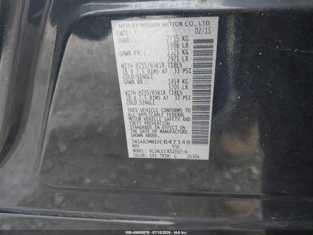 Nissan Pathfinder Platinum/s/sl/sv 2015 5N1AR2MN1FC647148 Image 9