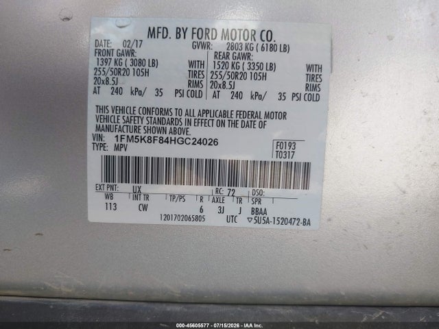 Aukcja sprzedaży 2017 Ford Explorer Limited, vin: 1FM5K8F84HGC24026, numer aukcji: 45605577