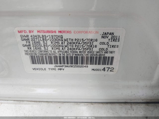 Продажа на аукционе авто 2012 Mitsubishi Outlander Sport Es, vin: JA4AP3AU9CZ002049, номер лота: 45605581