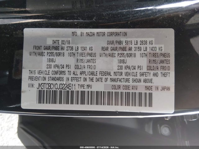 Aukcja sprzedaży 2018 Mazda Cx-9 Touring, vin: JM3TCBCY0J0224511, numer aukcji: 45605595