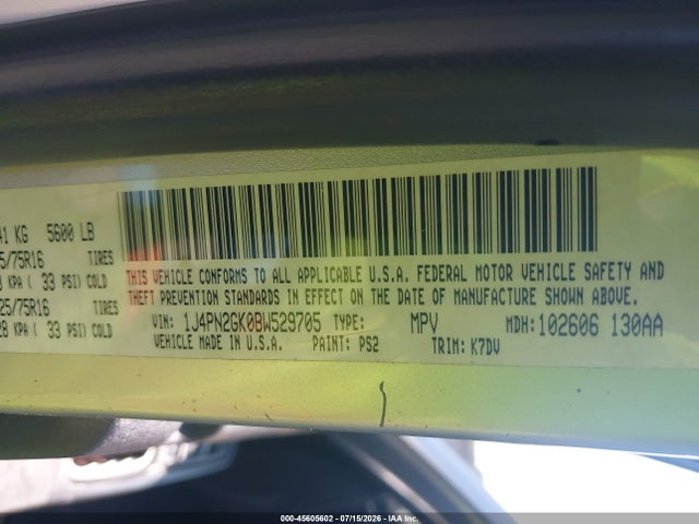 2011 Jeep Liberty Sport მანქანა იყიდება აუქციონზე, vin: 1J4PN2GK0BW529705, აუქციონის ნომერი: 45605602