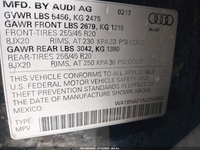 45605608 :رقم المزاد ، WA1BNAFY5J2004932 vin ، 2018 Audi Q5 مزاد بيع