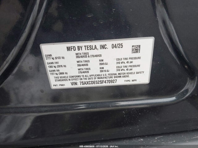 45605609 :رقم المزاد ، 7SAXCDE52SF470927 vin ، 2025 Tesla Model X Long Range مزاد بيع