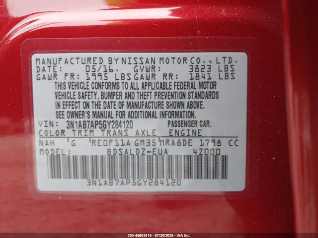 Продаж на аукціоні авто 2016 Nissan Sentra Sv, vin: 3N1AB7AP5GY284120, номер лоту: 45605619