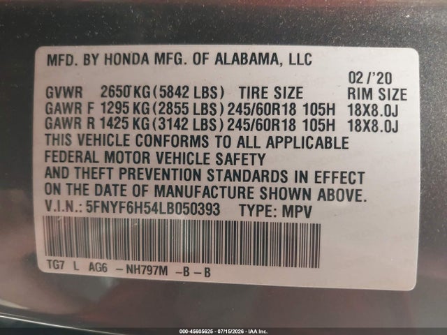5FNYF6H54LB050393 Honda Pilot Awd Ex-l