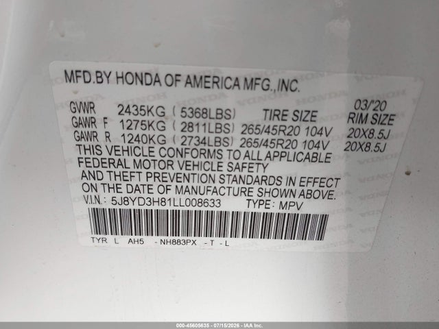 Продажа на аукционе авто 2020 Acura Mdx Advance Package, vin: 5J8YD3H81LL008633, номер лота: 45605635