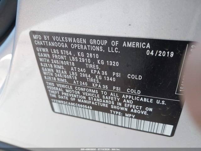 2019 Volkswagen Atlas 3.6l V6 Se W/technology მანქანა იყიდება აუქციონზე, vin: 1V2WR2CA9KC560549, აუქციონის ნომერი: 45605650