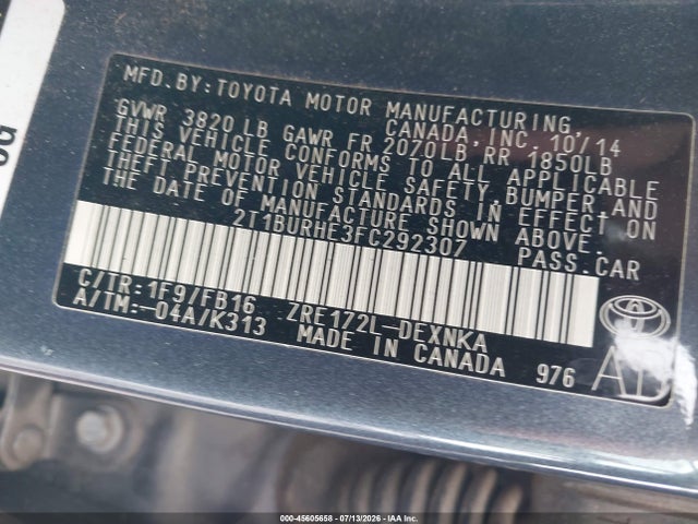 Toyota COROLLA LE 2015 2T1BURHE3FC292307 Image 9