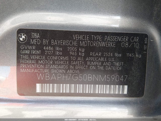 45605661 :رقم المزاد ، WBAPH7G50BNM59047 vin ، 2011 Bmw 328i مزاد بيع
