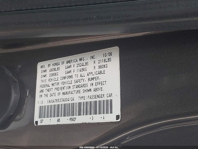 45605668 :رقم المزاد ، 19UUA76537A004124 vin ، 2007 Acura Tl Type S مزاد بيع