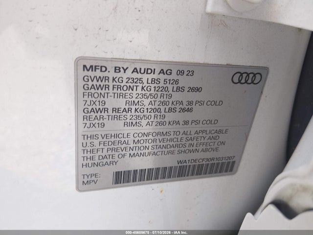 2024 Audi Q3 Premium 45 Tfsi S Line Quattro Tiptronic მანქანა იყიდება აუქციონზე, vin: WA1DECF30R1031207, აუქციონის ნომერი: 45605675
