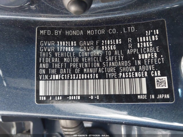 45605679 :رقم المزاد ، JHMFC1F3XJX004976 vin ، 2018 Honda Civic Ex-t مزاد بيع