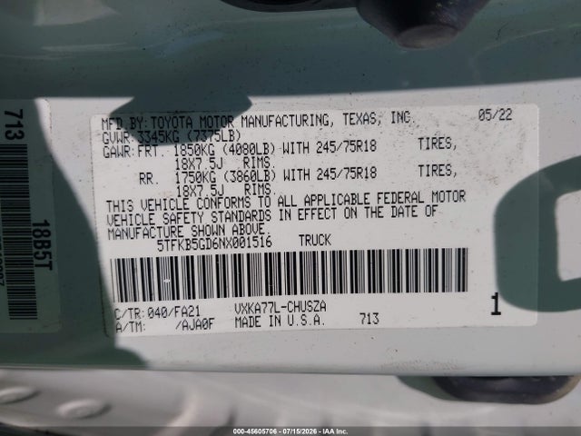 2022 Toyota Tundra Sr მანქანა იყიდება აუქციონზე, vin: 5TFKB5GD6NX001516, აუქციონის ნომერი: 45605706