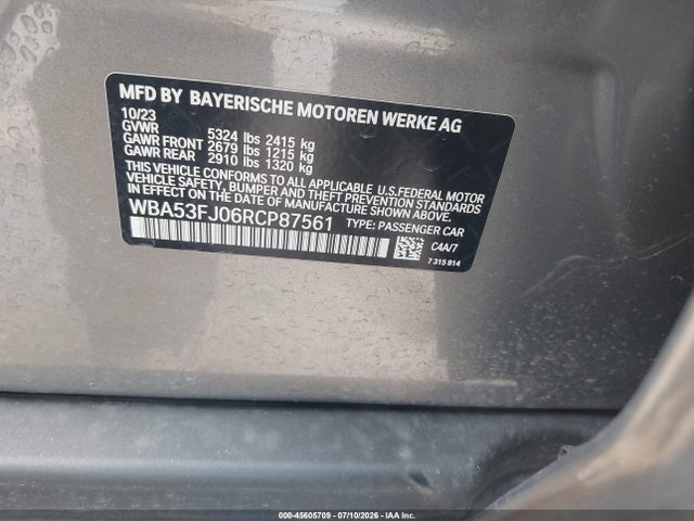 45605709 :رقم المزاد ، WBA53FJ06RCP87561 vin ، 2024 Bmw 530i Xdrive مزاد بيع