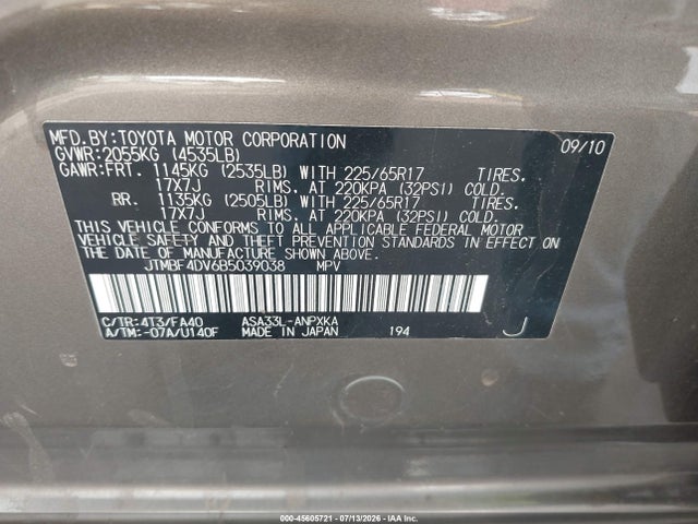 45605721 :رقم المزاد ، JTMBF4DV6B5039038 vin ، 2011 Toyota Rav4 مزاد بيع
