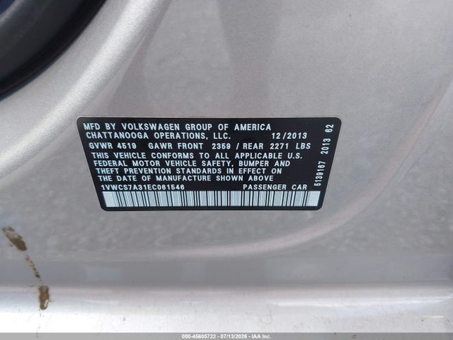 45605722 :رقم المزاد ، 1VWCS7A31EC061546 vin ، 2014 Volkswagen Passat 1.8t Sel Premium مزاد بيع