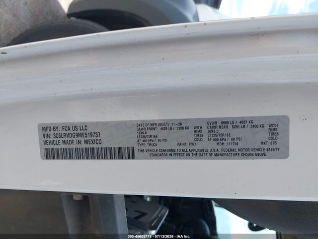 45605778 :رقم المزاد ، 3C6LRVDG9ME519737 vin ، 2021 Ram Promaster 2500 High Roof 159 Wb مزاد بيع