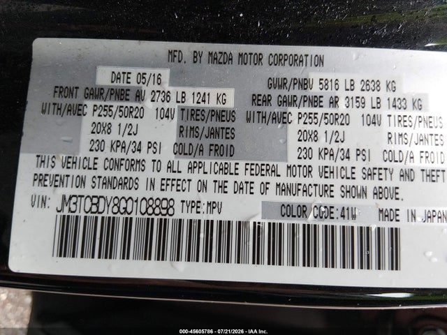 2016 Mazda Cx-9 Grand Touring მანქანა იყიდება აუქციონზე, vin: JM3TCBDY8G0108898, აუქციონის ნომერი: 45605786