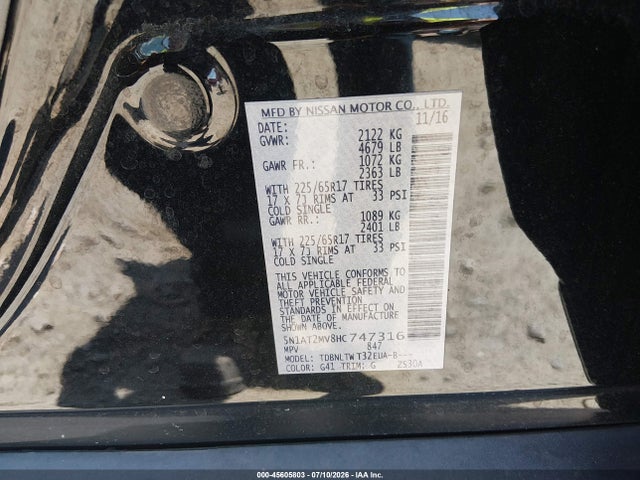 5N1AT2MV8HC747316 Nissan ROGUE SV