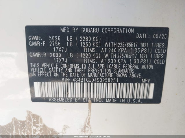 Aukcja sprzedaży 2025 Subaru Outback Wilderness, vin: 4S4BTGUD4S3258251, numer aukcji: 45605805