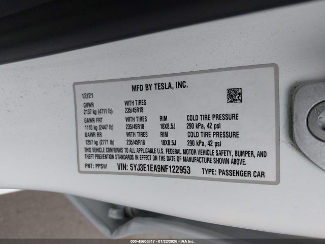 Продаж на аукціоні авто 2022 Tesla Model 3 Rear-wheel Drive, vin: 5YJ3E1EA9NF122953, номер лоту: 45605817