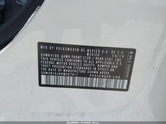 45605832 :رقم المزاد ، 3VW2B7AJ8HM267671 vin ، 2017 Volkswagen Jetta 1.4t S مزاد بيع