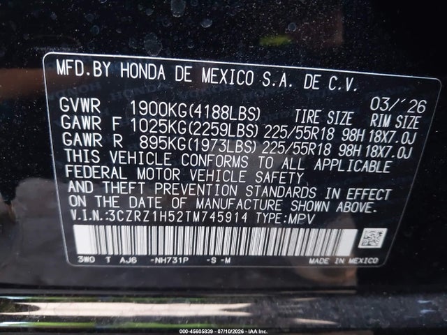 3CZRZ1H52TM745914 Honda Hr-v 2wd Sport