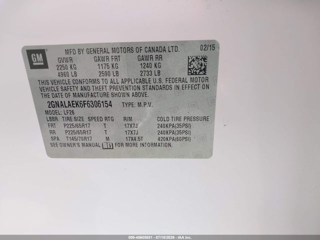 Aukcja sprzedaży 2015 Chevrolet Equinox Ls, vin: 2GNALAEK6F6306154, numer aukcji: 45605851