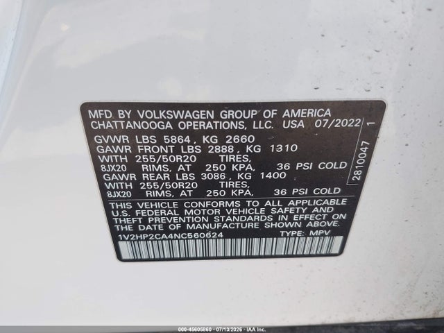 Продажа на аукционе авто 2022 Volkswagen Atlas 2.0t Se W/technology, vin: 1V2HP2CA4NC560624, номер лота: 45605860