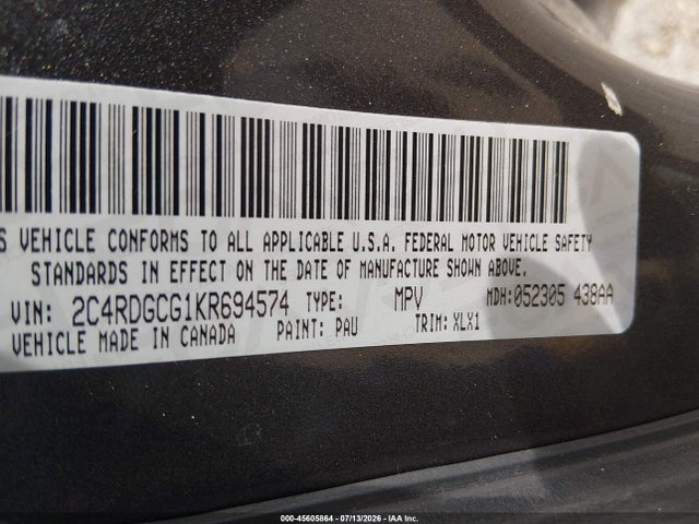 Продажа на аукционе авто 2019 Dodge Grand Caravan Sxt, vin: 2C4RDGCG1KR694574, номер лота: 45605864