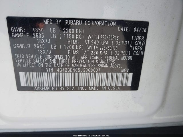 4S4BSENC5J3360007 Subaru Outback 3.6r Limited