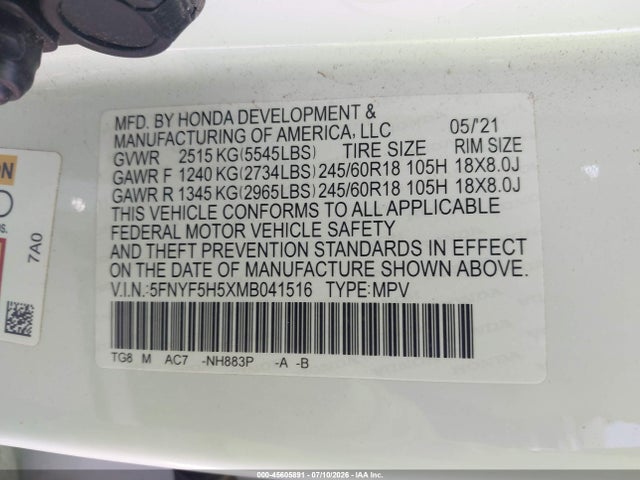 5FNYF5H5XMB041516 Honda Pilot 2wd Ex-l