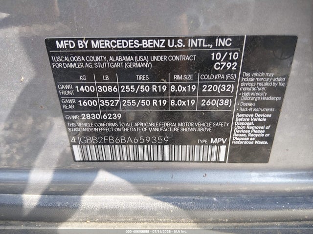 Aukcja sprzedaży 2011 Mercedes-benz Ml 350 Bluetec 4matic, vin: 4JGBB2FB6BA659359, numer aukcji: 45605898