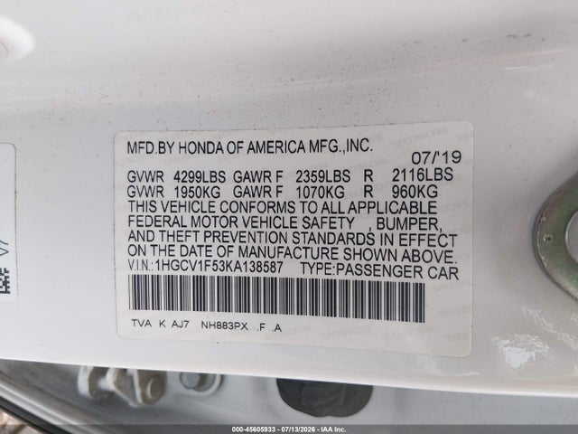 Продажа на аукционе авто 2019 Honda Accord Ex-l, vin: 1HGCV1F53KA138587, номер лота: 45605933