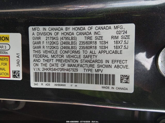 45605960 :رقم المزاد ، 2HKRS4H70RH467929 vin ، 2024 Honda Cr-v Ex-l Awd مزاد بيع