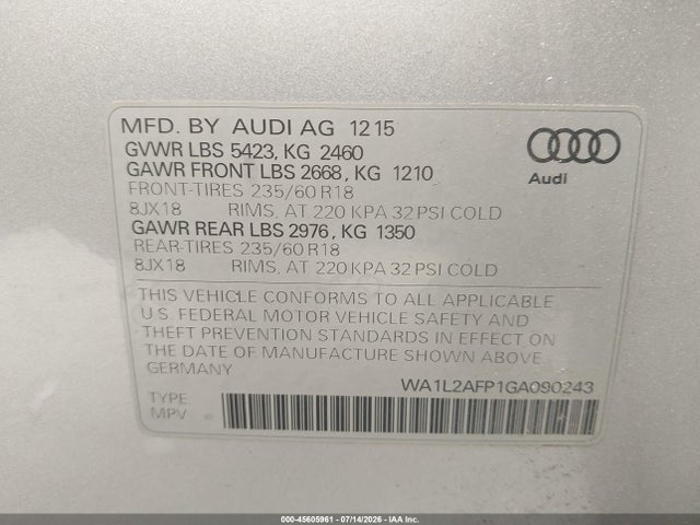 Продаж на аукціоні авто 2016 Audi Q5 2.0t Premium, vin: WA1L2AFP1GA090243, номер лоту: 45605961