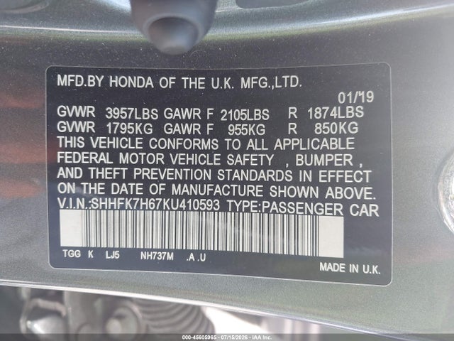 Honda CIVIC EX 2019 SHHFK7H67KU410593 Image 9