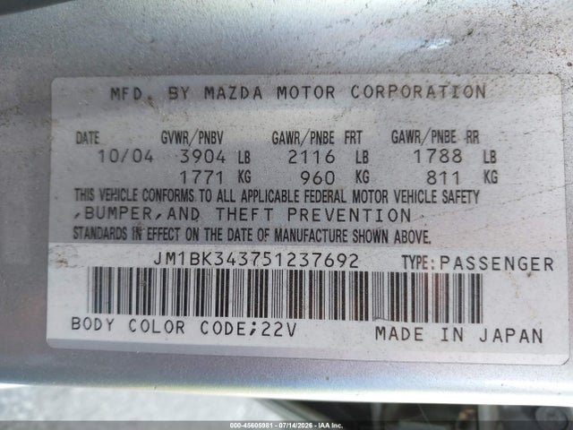 Продаж на аукціоні авто 2005 Mazda Mazda3 S, vin: JM1BK343751237692, номер лоту: 45605981