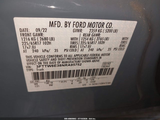 Aukcja sprzedaży 2022 Ford Maverick Lariat/xl/xlt, vin: 3FTTW8E38NRA95752, numer aukcji: 45605982