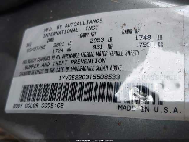Aukcja sprzedaży 1996 Mazda 626 Dx/lx, vin: 1YVGE22C3T5508533, numer aukcji: 45605998