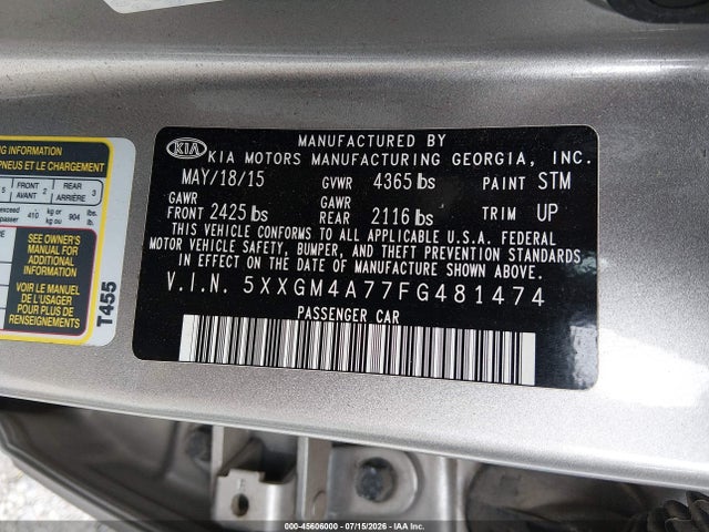 Aukcja sprzedaży 2015 Kia Optima Lx, vin: 5XXGM4A77FG481474, numer aukcji: 45606000