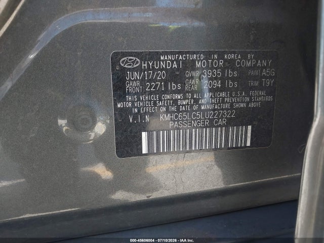 Продаж на аукціоні авто 2020 Hyundai Ioniq Hybrid Blue, vin: KMHC65LC5LU227322, номер лоту: 45606004