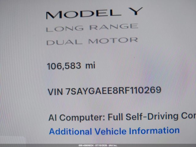 Aukcja sprzedaży 2024 Tesla Model Y Long Range Dual Motor All-wheel Drive, vin: 7SAYGAEE8RF110269, numer aukcji: 45606024