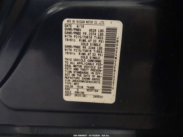 2014 Nissan Rogue Select S მანქანა იყიდება აუქციონზე, vin: JN8AS5MV3EW203670, აუქციონის ნომერი: 45606037